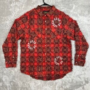 Kleep‎ Love to Hate Button Up Shirt XL Red Brown Plaid Distressed